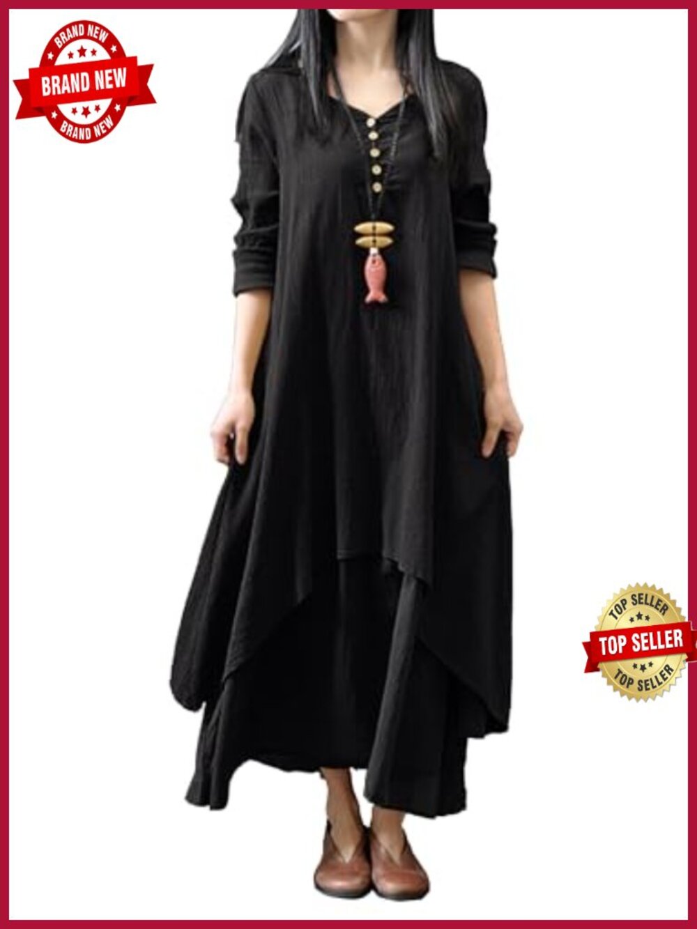 Long Sleeve Plus Size Casual V-Neck Button Dresses Flowy Maxi